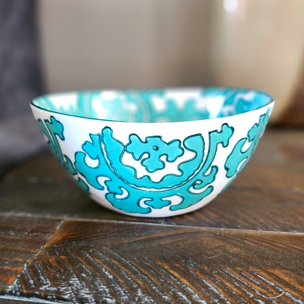 Anthropologie Aqua Flower Ceramic Round Bowl Glossy Microwave & Dishwasher Safe